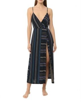 BCBGeneration Black Metallic-Striped Strapless Midi Dress